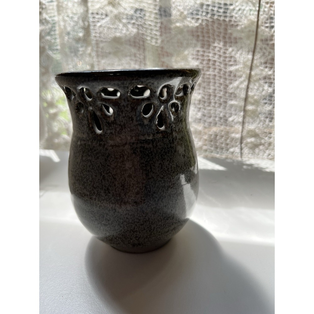 Signed Willey Pottery 2000 Studio Stoneware Pierced Lace Rim Vase Candle Holder